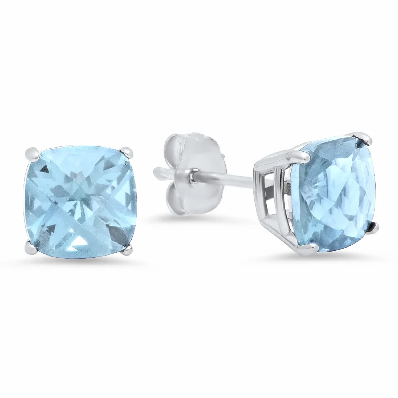 Sterling Silver Cushion-Cut Checkerboard Gemstone Stud Earrings (8MM)