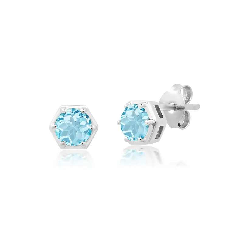 Sterling Silver Round Cut 5mm Gemstone Hexagon Stud Earrings with Push Backs