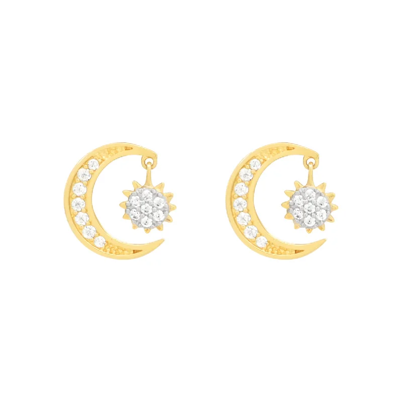 Shop Dazzling Jewelry At The Best Prices 14k Solid Gold CZ Half Moon & Sun Dangle Studs