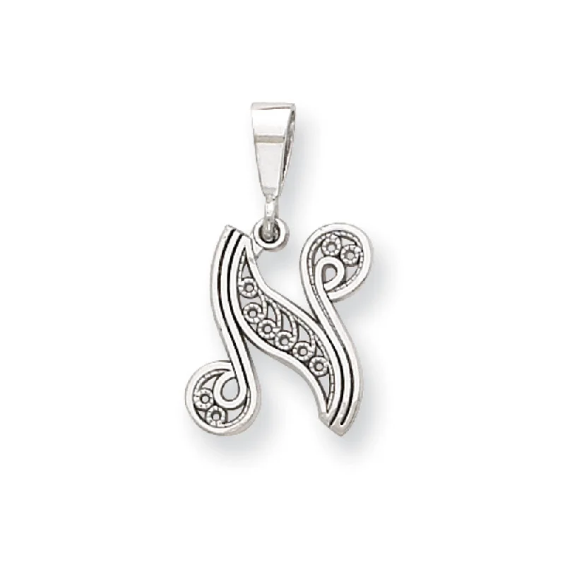 14k White Gold, Maci Collection, Filigree Script Initial N Pendant