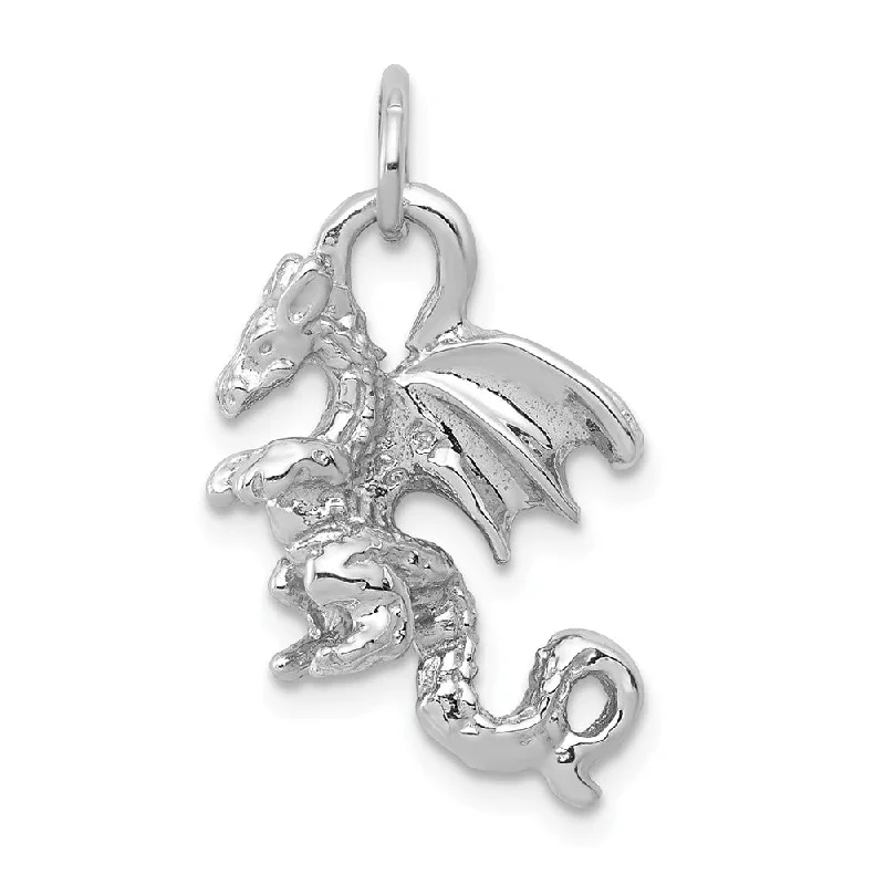 14k White Gold Small 3D Winged Dragon Charm