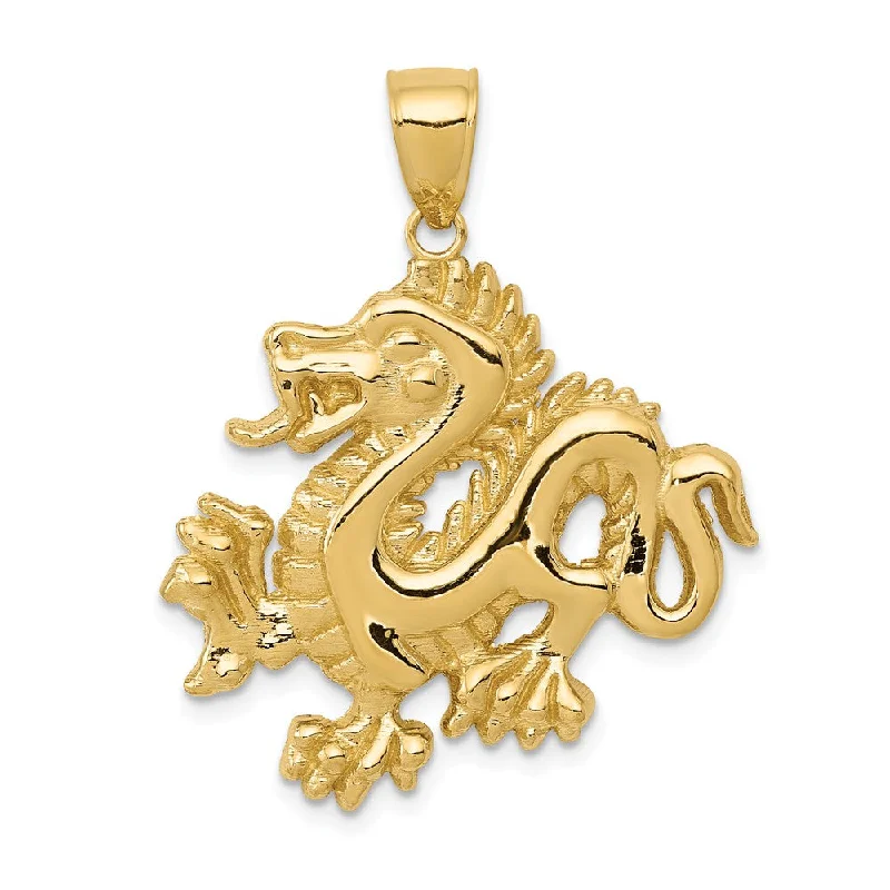 14k Yellow Gold 2D Dragon Pendant, 25mm