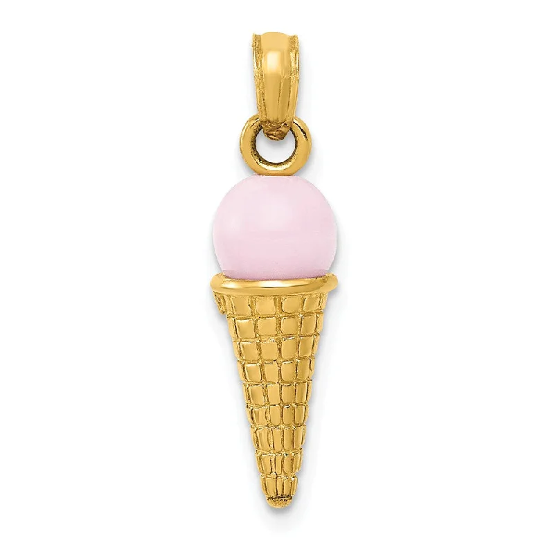 14k Yellow Gold 3D Pink Ice Cream Cone Pendant