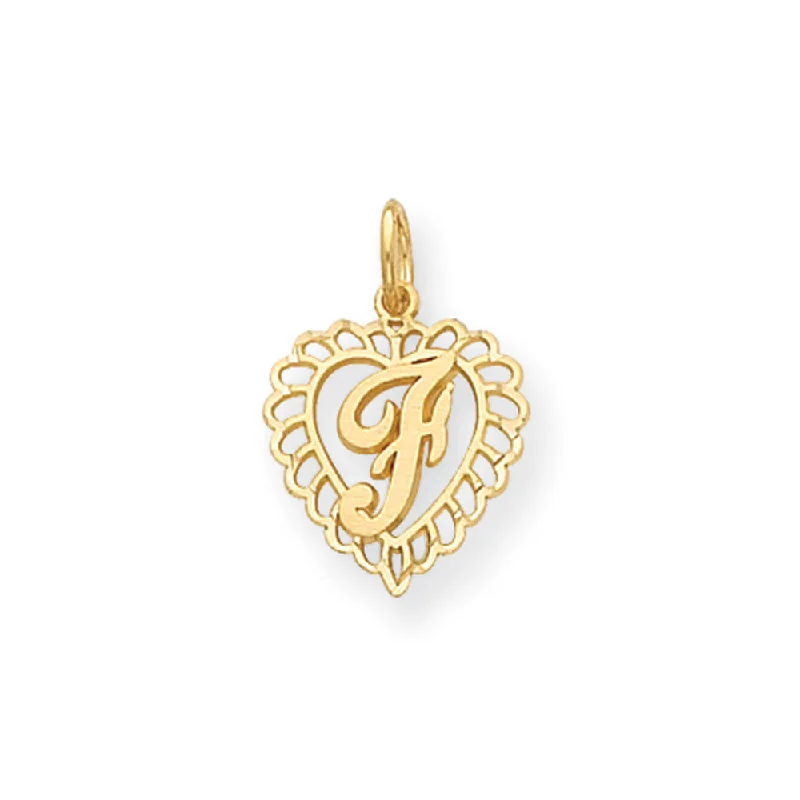 14k Yellow Gold, Grace Collection, Satin Heart Initial F Pendant, 15mm