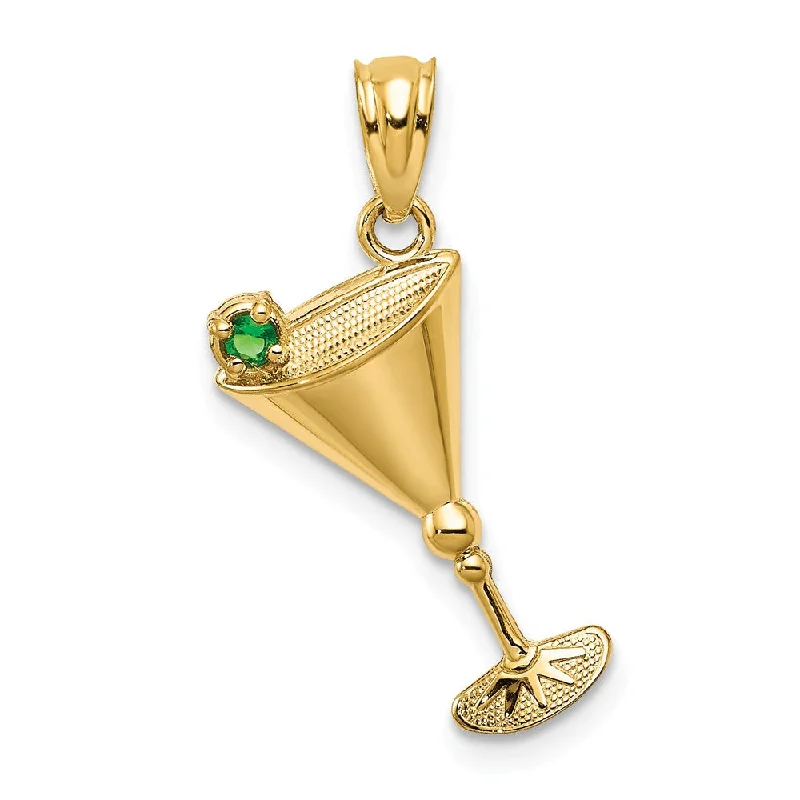 14k Yellow Gold Martini Glass and Green CZ Olive Pendant