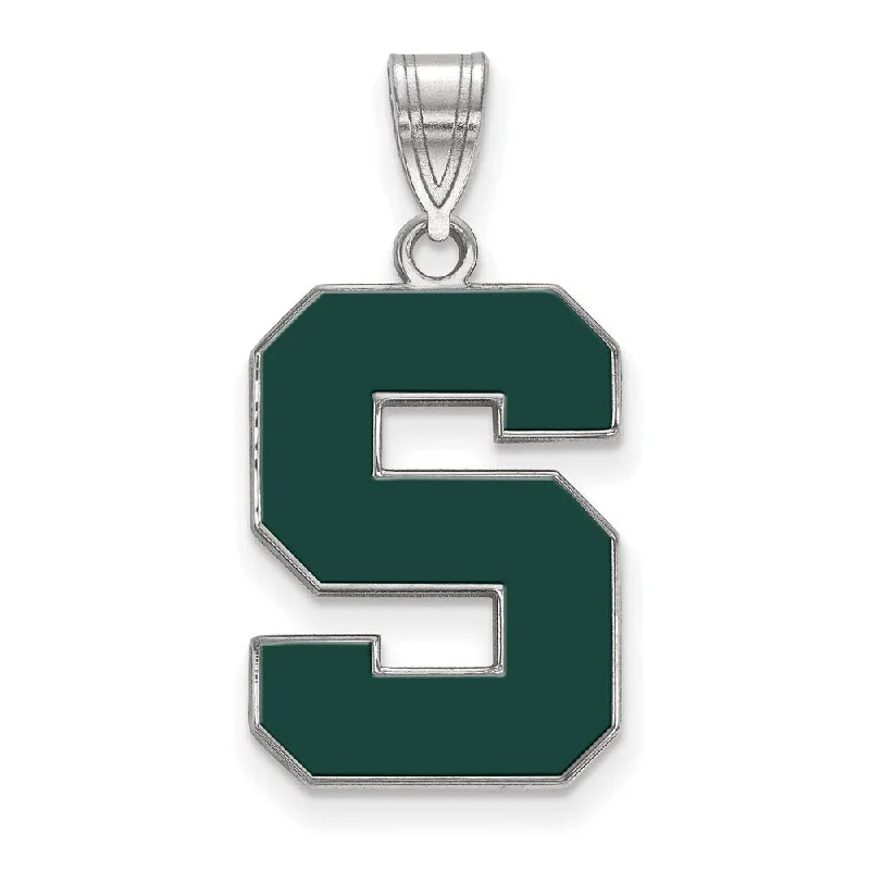 Sterling Silver Rhod-Plated Michigan State LG Enamel Initial S Pendant