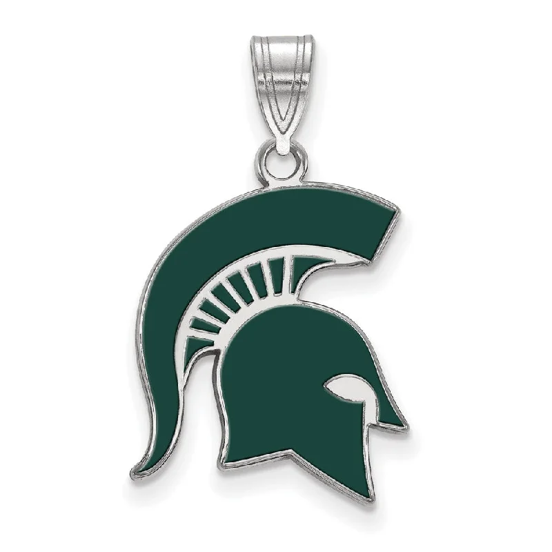 Sterling Silver Rhod-Plated Michigan State LG Enamel Spartan Pendant