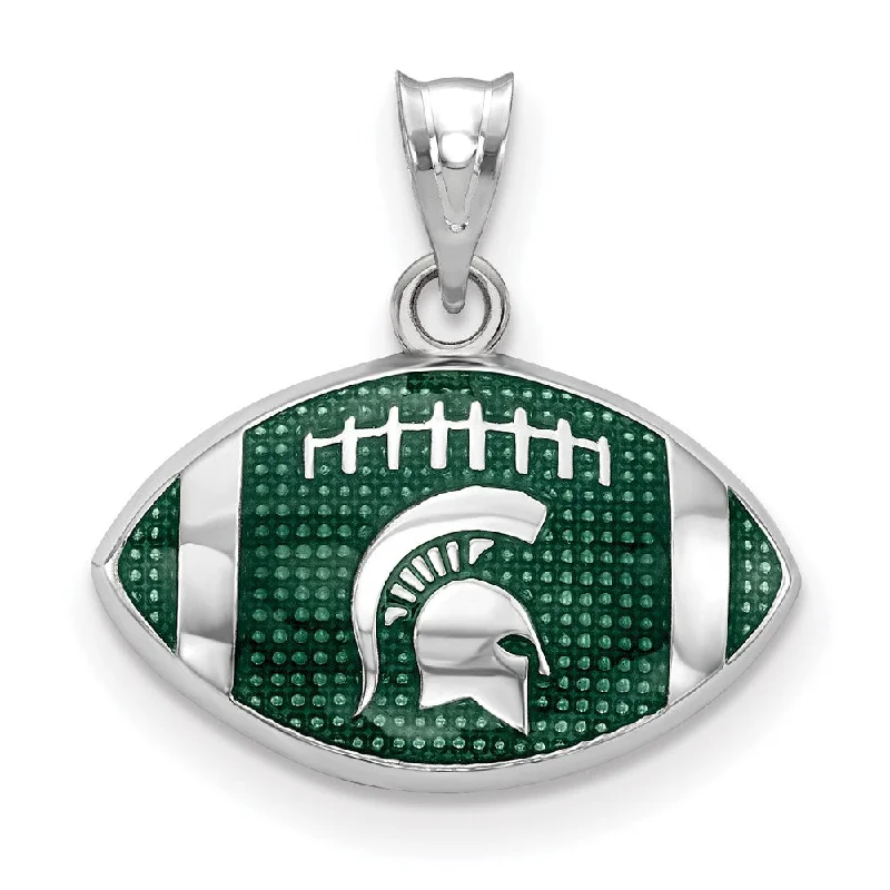 Sterling Silver Rhod-Plated Michigan State SM Enamel Football Pendant