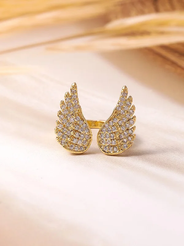 Elegant Necklaces And Bracelets At Limited-Time Offers 18K Gold Plated Cubic Zirconia Studded Openable Wing Design Finger Ring