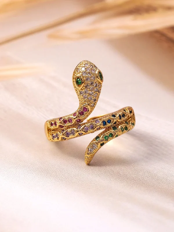 Personalized Jewelry Sale – Unique Gifts At Low Prices 18K Gold Plated Multi-Stone & Cubic Zirconia Studded Snake Motif Adjustable Finger Ring