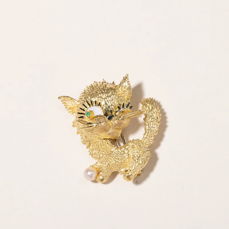 Limited-Stock Jewelry Clearance – Grab Your Favorites Now Pearl & Emerald Cat Brooch | 5.20mm, 0.02ct |