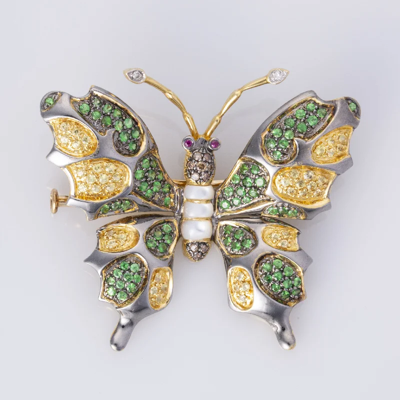 Exclusive Online Discounts On Stylish Jewelry 18K Yellow Gold Butterfly Opal Sapphire Tsavorite Ruby Diamond Brooch | 0.10ctw