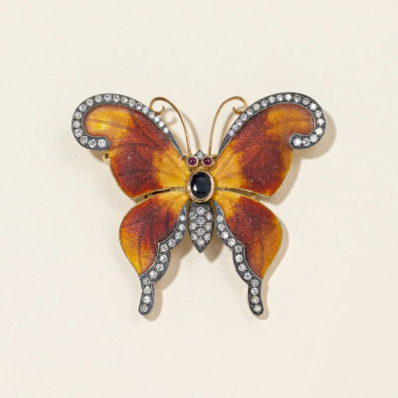 Exclusive Jewelry Sale – Limited-Time Discounts 18K Yellow Gold Butterfly Sapphire Ruby and Diamond Brooch | 0.75ctw, 0.10ctw, 1.00ctw