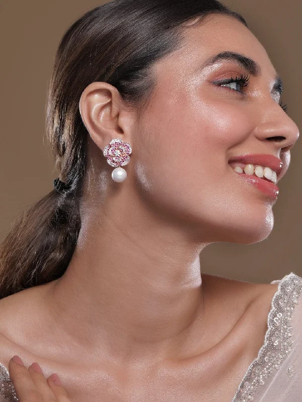 Modern Statement Jewelry For Bold Styling 22K Rose Gold-Plated Ruby Pink AD & Cubic Zirconia Studded Floral Pearl Drop Earrings