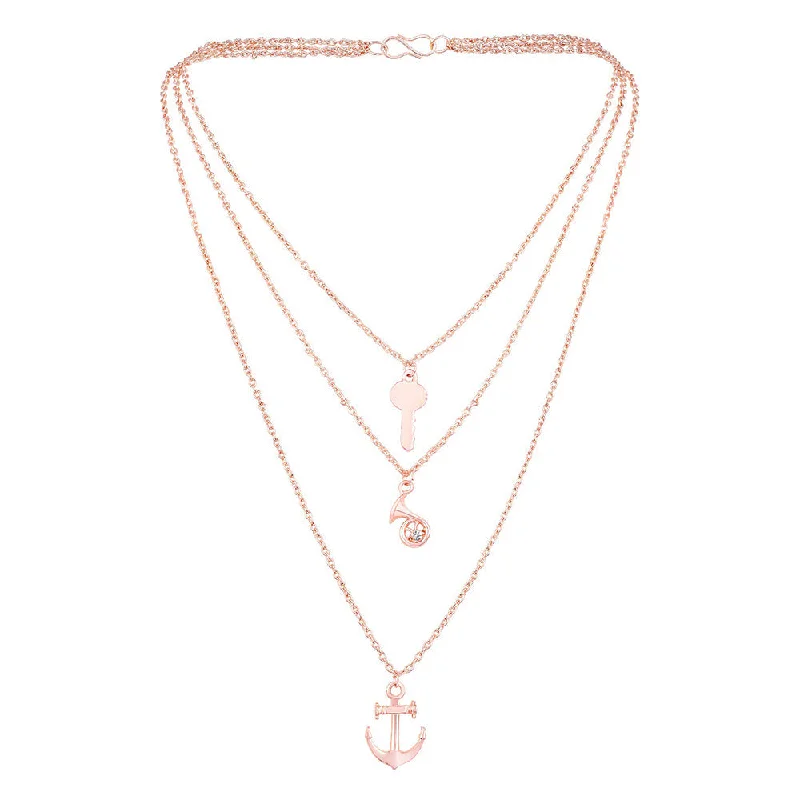 Last Chance To Grab Your Favorite Jewelry At A Discount Mahi Multi-Layer Women's Trendy Charm Necklace with Key, Anchor and Trumpet Charms Pendants (PS1101768Z)