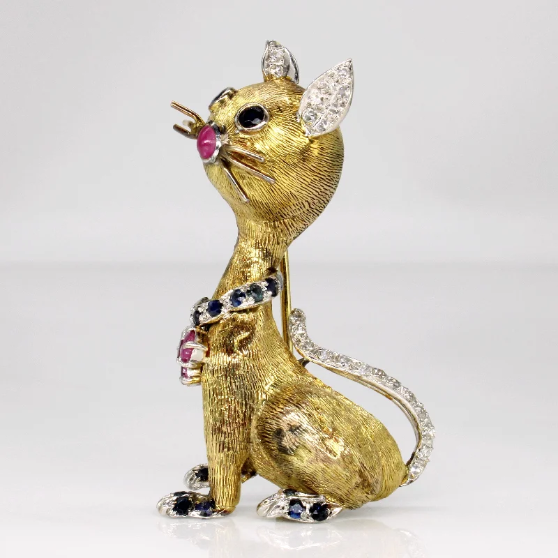 Sparkle On A Budget – Fine Jewelry For Less Vintage Diamond, Sapphire and Ruby Cat Brooch | 1.17ctw |