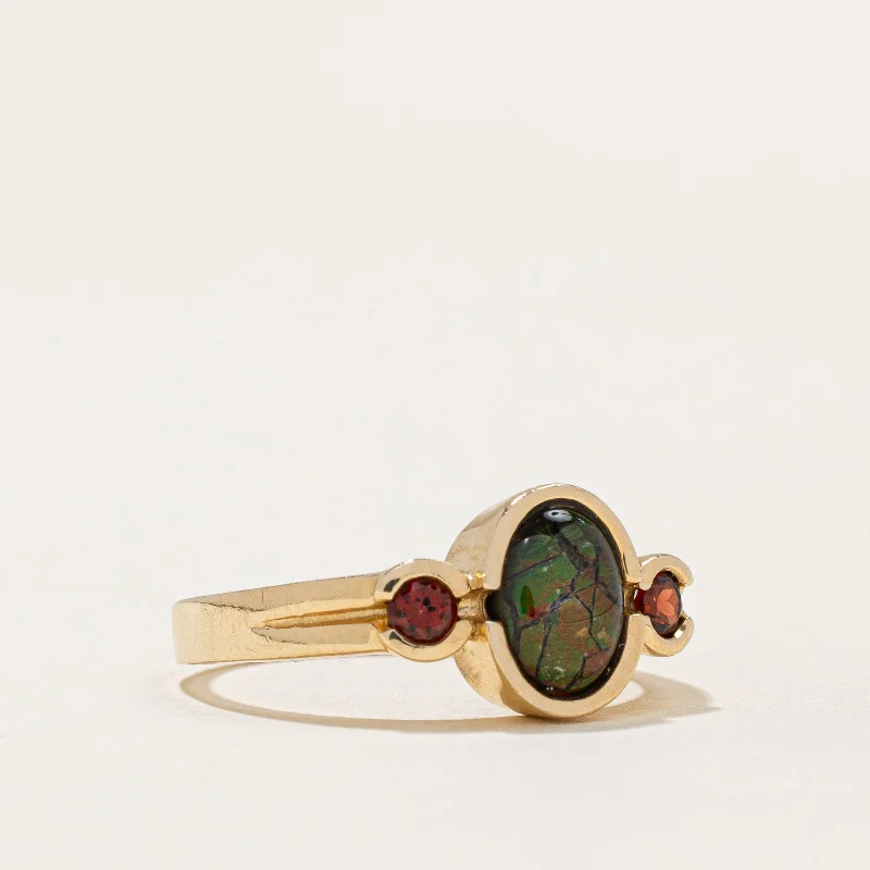 Luxury Handcrafted Jewelry For Elegant Looks Birmingham Hallmarked Ammolite Triplet & Garnet Ring  | 1.10ct, 0.20ctw | SZ 8.25 |