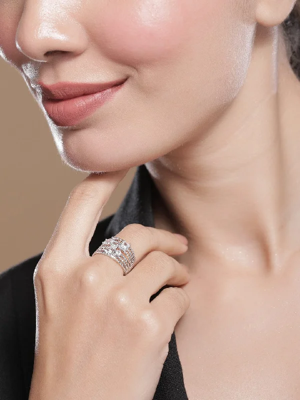 Trending Jewelry Now At Unbeatable Prices Rhodium Plated Cubic Zirconia Studded Multi-Layer Adjustable Statement Finger Ring