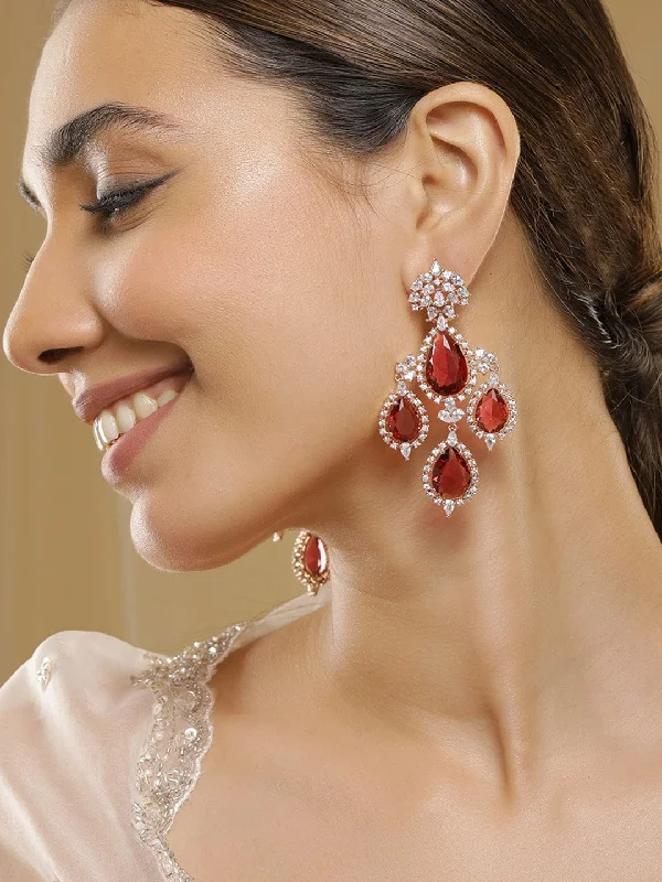 Handcrafted Beauty At Affordable Prices Rubans 18K Gold-Plated Ruby Red & Cubic Zirconia Studded Premium Chandelier Earrings